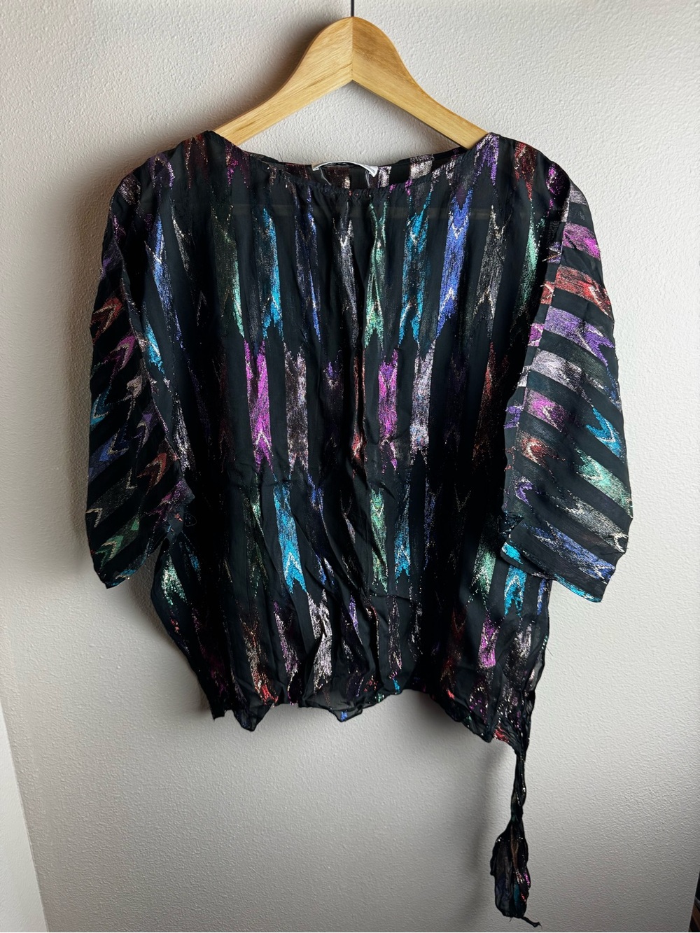 Teddi Black Blouson Top with Metallic Multi-Color Brushstrokes